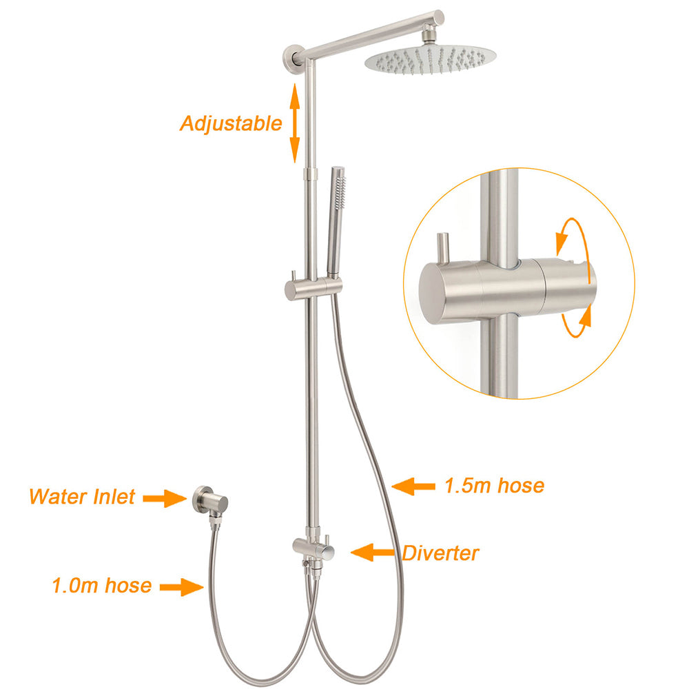 WELS Brushed Nickel Round 8" Rain Head Shower 1 Mode Handheld Sliding Rail Mixer 2in1 Set