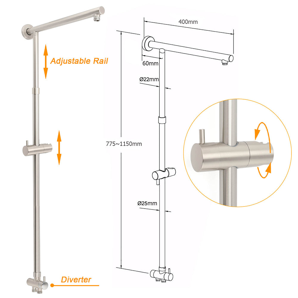 WELS Brushed Nickel Round 8" Rain Head Shower 1 Mode Handheld Sliding Rail Mixer 2in1 Set
