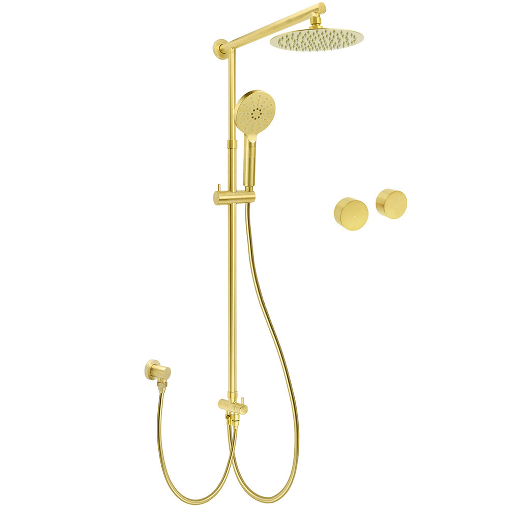 WELS Brushed Gold 2in1 Shower 8" Round Head Set 3 Mode Handheld Rose Sliding Rail Twin Taps