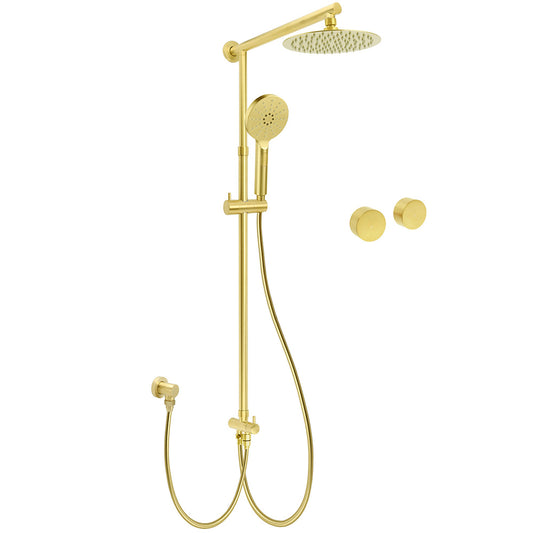 WELS Brushed Gold 2in1 Shower 8" Round Head Set 3 Mode Handheld Rose Sliding Rail Twin Taps