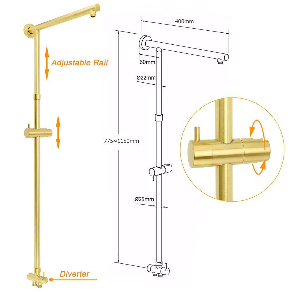 WELS Brushed Gold Large Round Shower 12" Head 3 Mode Handheld Rose Sliding Rail Arm Set