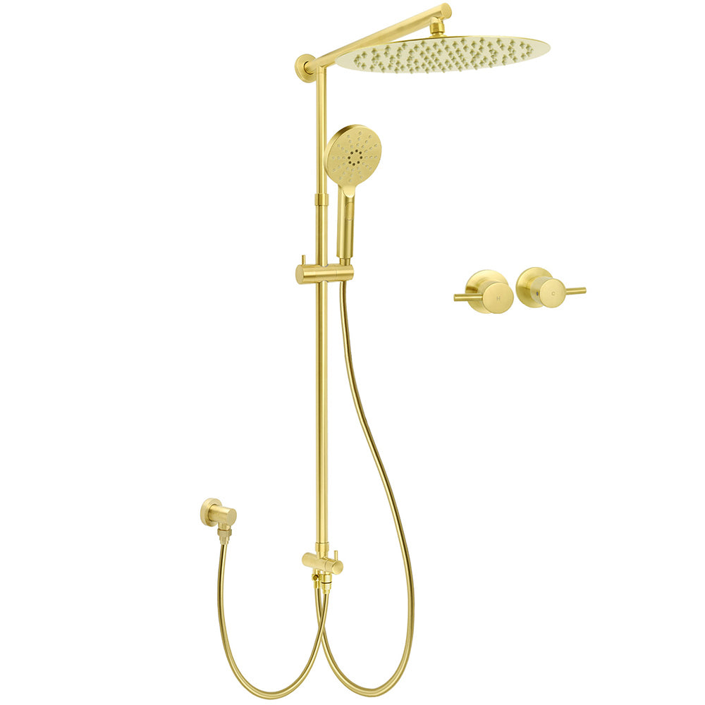 WELS Brushed Gold Round 12" Shower Head 3 Mode Handheld Rose Sliding Rail Twin Taps Set