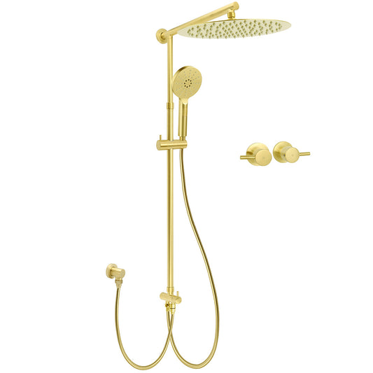 WELS Brushed Gold Round 12" Shower Head 3 Mode Handheld Rose Sliding Rail Twin Taps Set