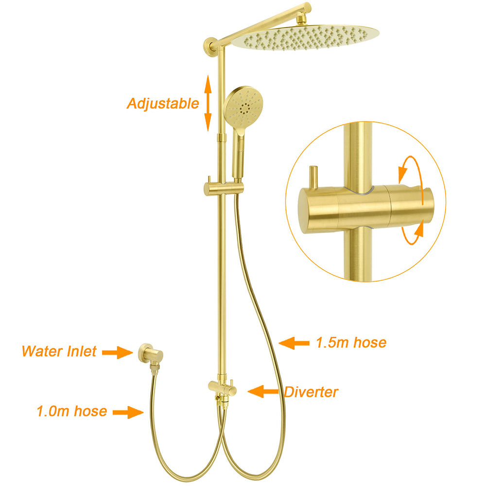 WELS Brushed Gold Round 12" Shower Head 3 Mode Handheld Rose Sliding Rail Twin Taps Set