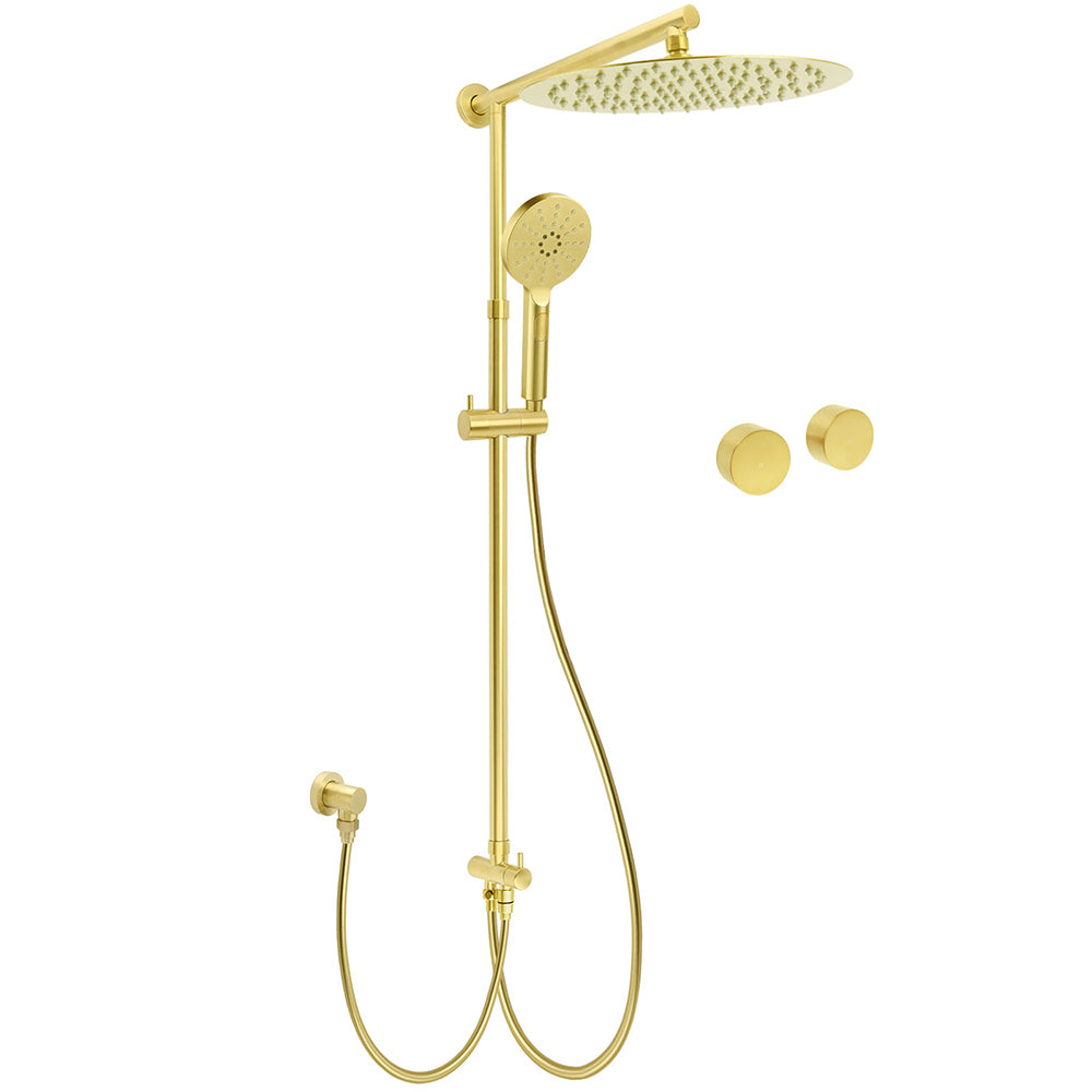 WELS Brushed Gold Rain Shower 12" Head 3 Mode Handheld Rose Sliding Rail Round Taps Set