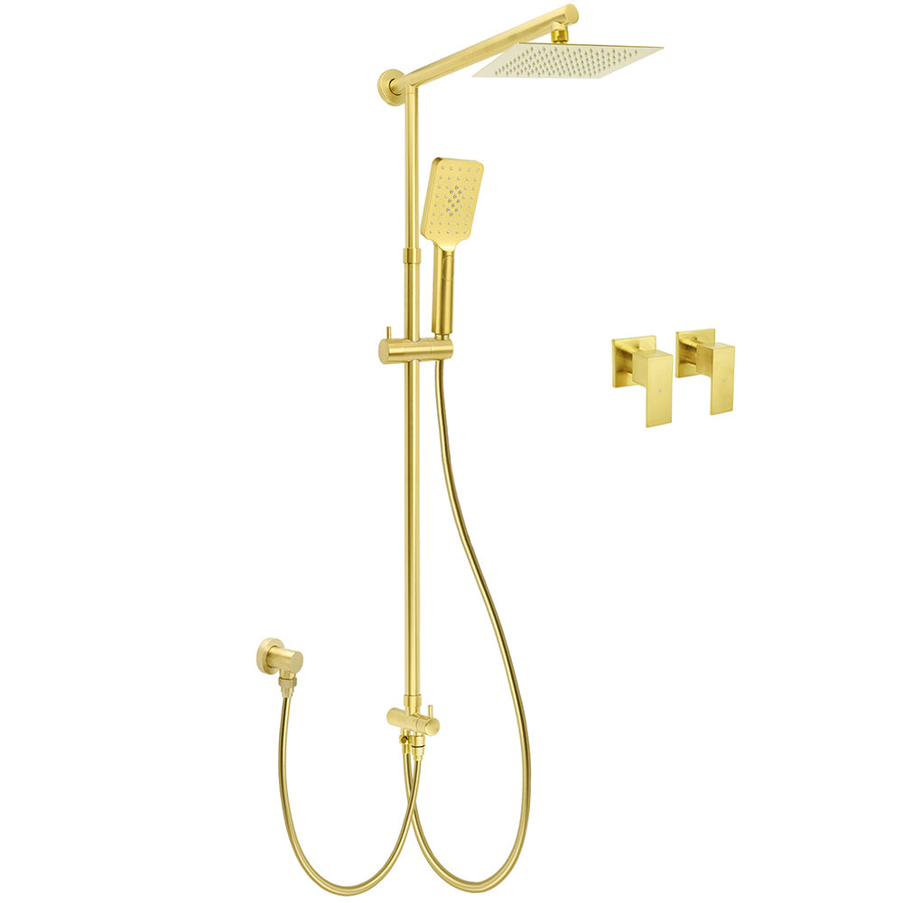 Brushed Gold Dual Square 8" Rain Shower Head 3 Mode Handheld Sliding Rail Arm Twin Taps Set