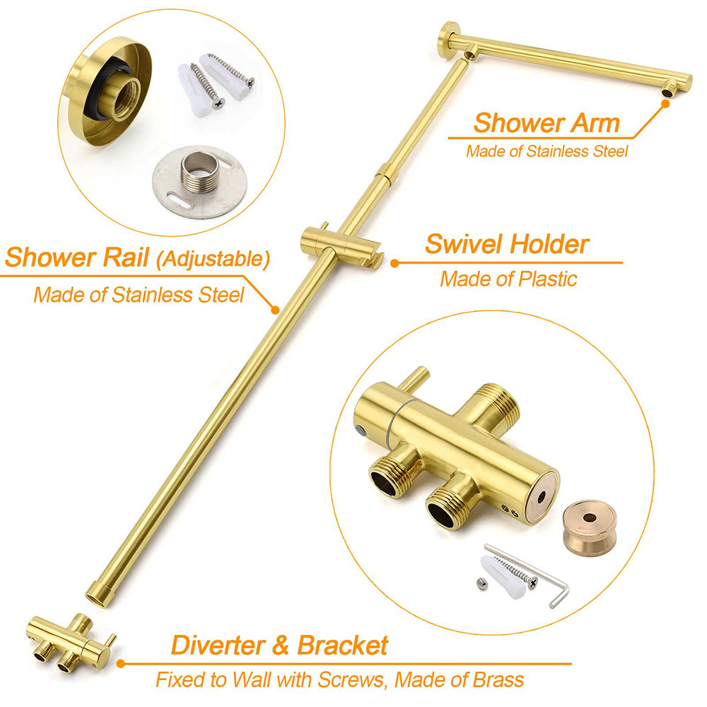 Brushed Gold Square 10" Rain Head 3 Mode Handheld Rose Sliding Rail Arm Dual Shower Set