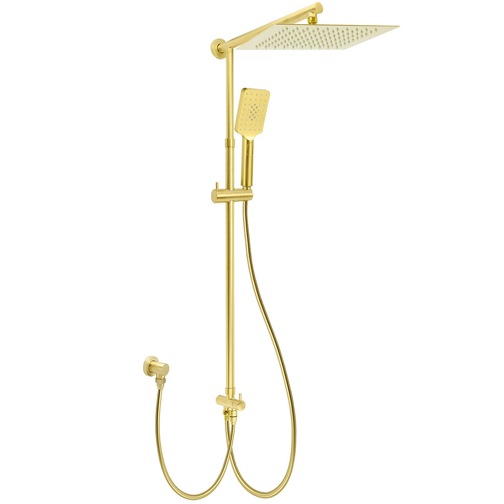 Brushed Gold Square 12" Large Rain Head 3 Mode Handheld Rose Sliding Rail Arm Twin Shower Set