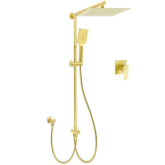WELS Brushed Gold Square 12" Rainfall Head 3 Modes Handheld Sliding Rail Wall Mixer 2in1 Shower Set
