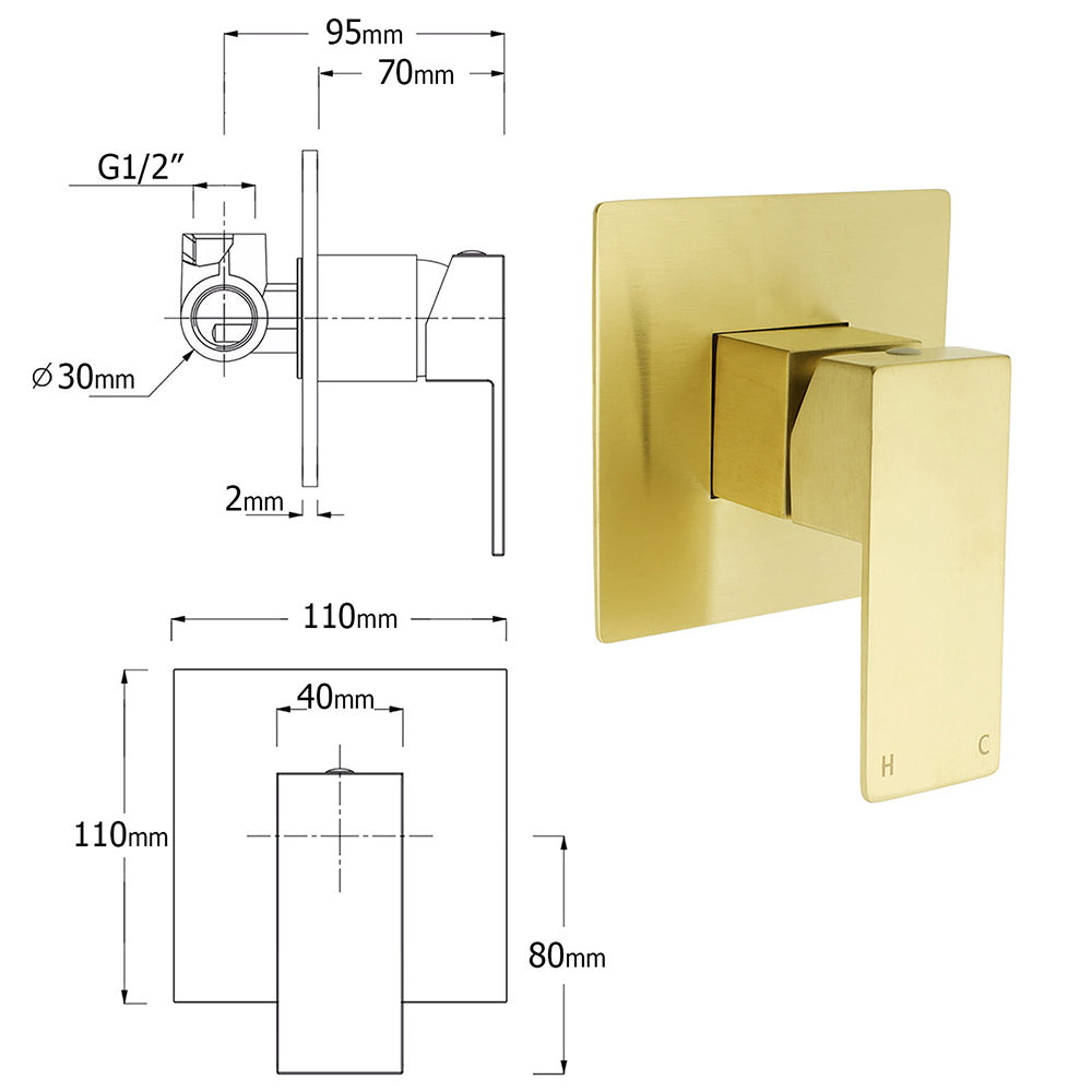 WELS Brushed Gold Square 12" Rainfall Head 3 Modes Handheld Sliding Rail Wall Mixer 2in1 Shower Set