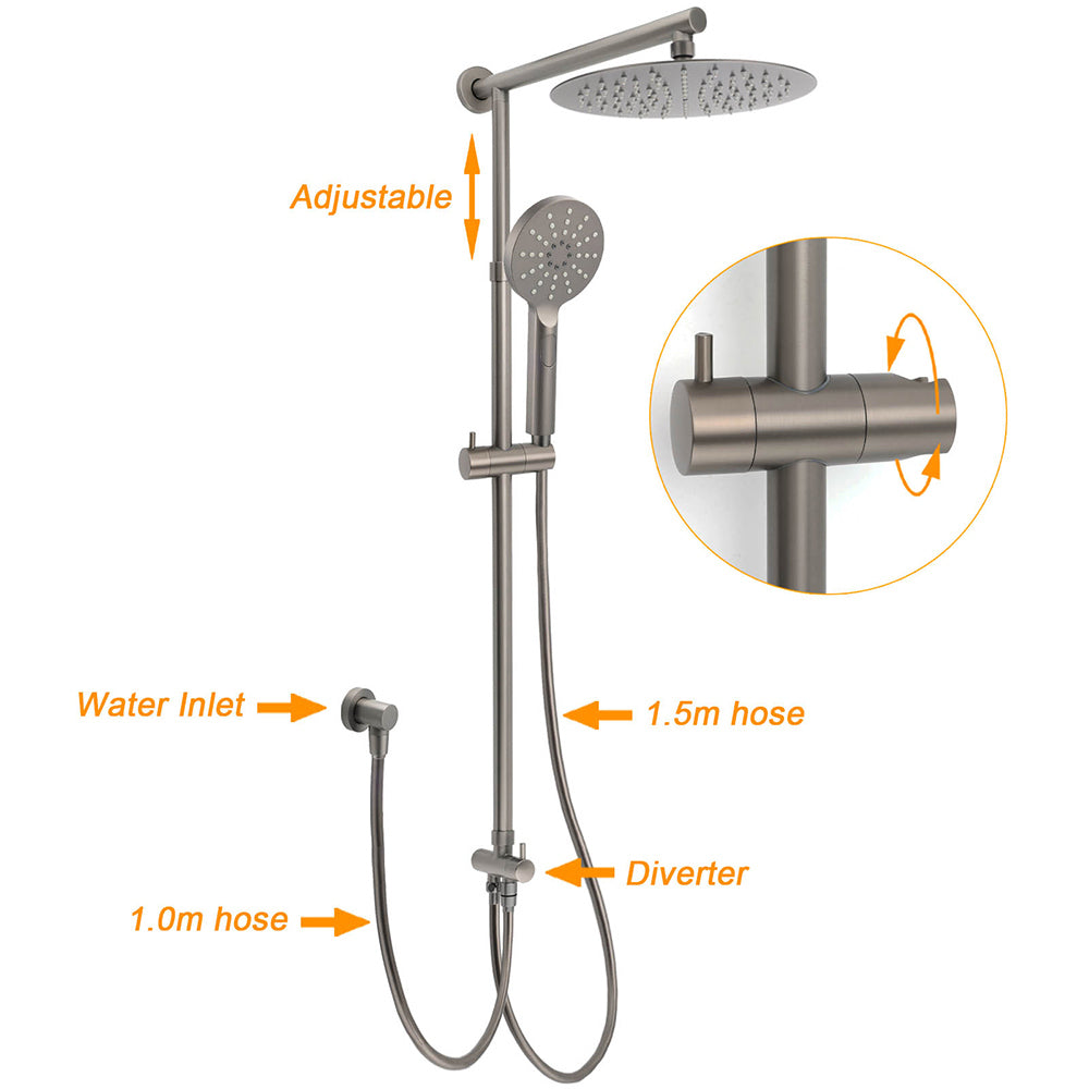 WELS Gun Metal Dual Round Shower 10" Rain Head 3 Mode Handheld Sliding Rail Diverter Set