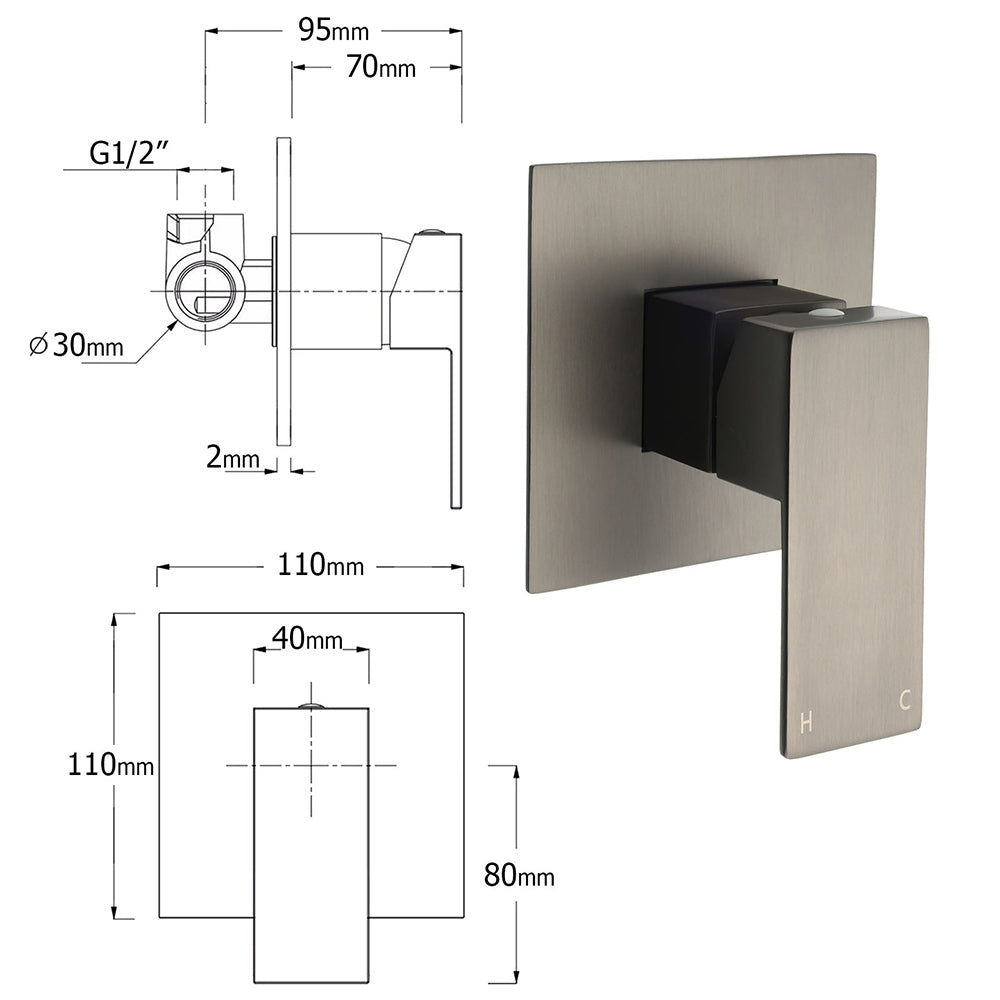 WELS Gun Metal 2in1 Shower Set Square 12" Rain Head 3 Modes Handheld Silde Rail Hot Cold Mixer