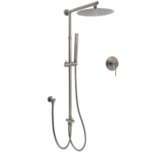 WELS Gun Metal Double Round Shower 10" Rain Head Metal Handheld Sliding Rail Mixer Valve Set
