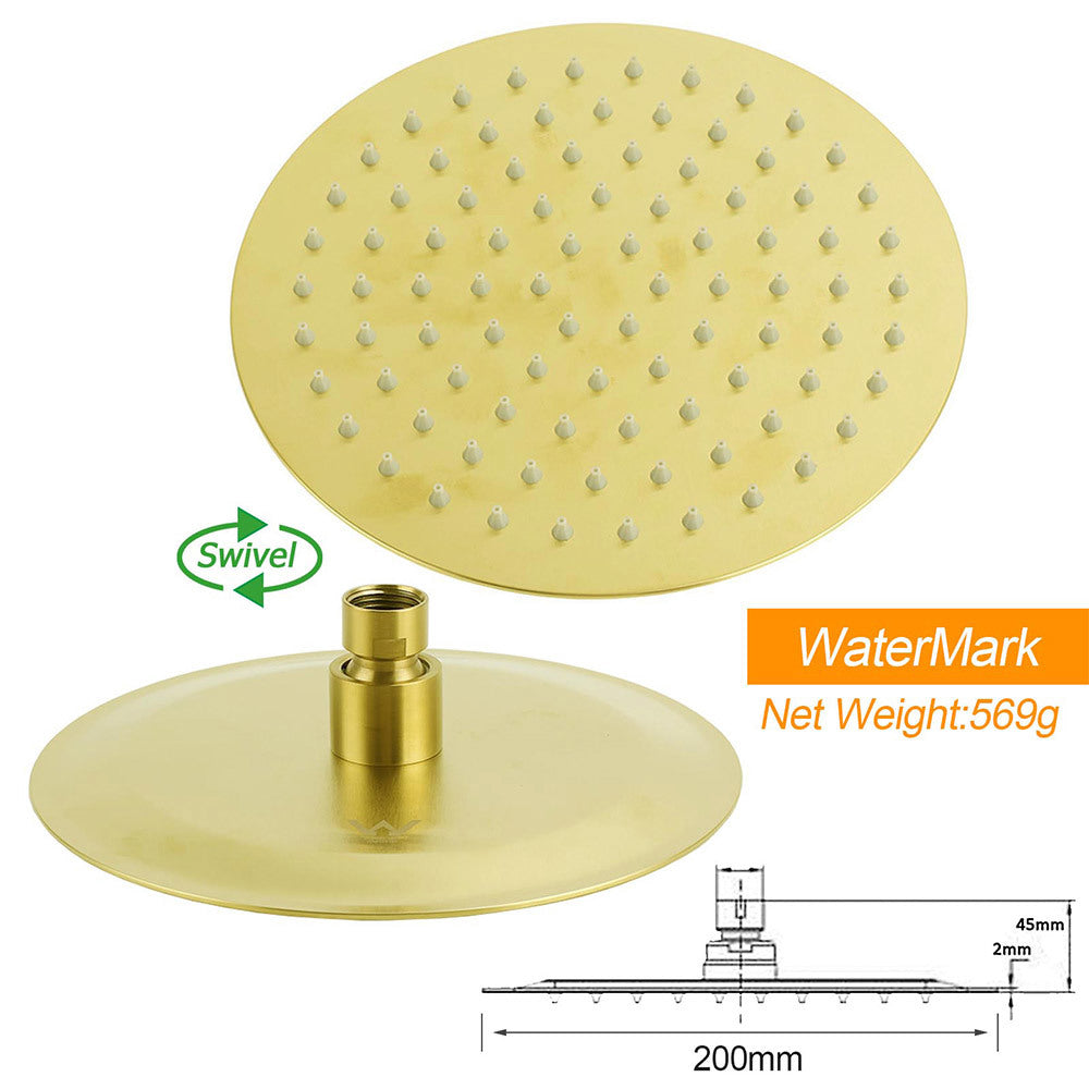 WELS Brushed Gold 8" Round Shower Head Stainless Steel Handheld Rose Sliding Rail Twin Taps Set