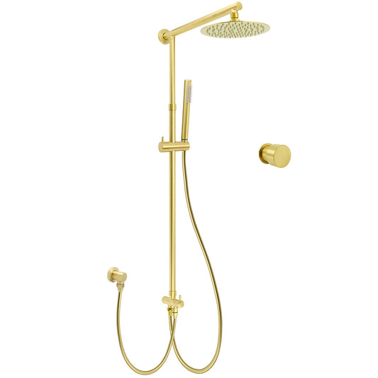 WELS Brushed Gold 2in1 Shower Set 8" Round Head Metal Handheld Rose Sliding Rail Mixer Valve