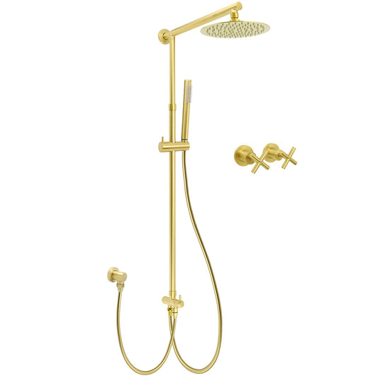 WELS Brushed Gold Shower 8" Round Head Stainless Steel Handheld Rose Sliding Rail Mixer Dual Set