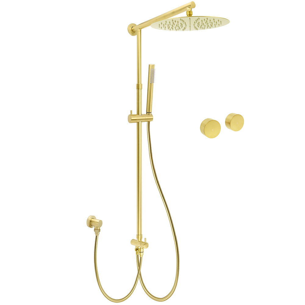 WELS Brushed Gold Rain Shower 12" Head Ergonomic Handheld Rose Sliding Rail Round Taps Set