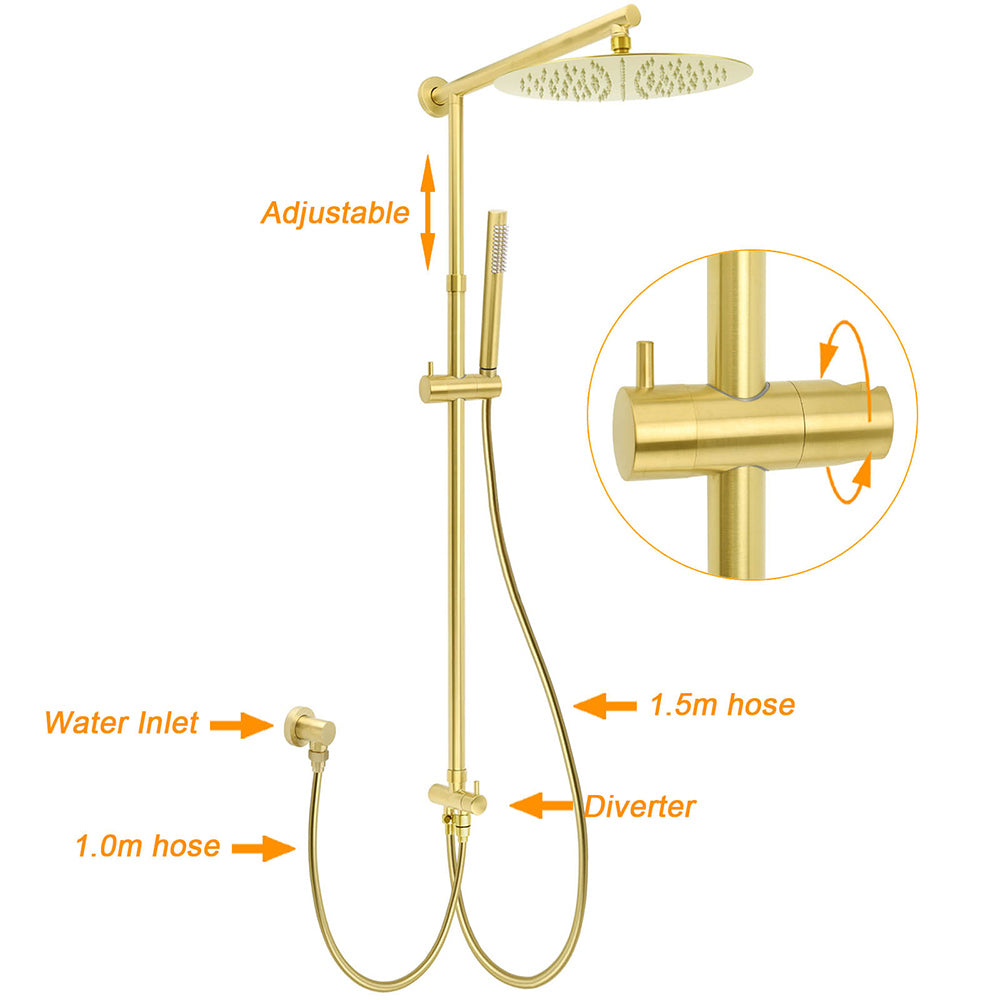 WELS Brushed Gold Rain Shower 12" Head Ergonomic Handheld Rose Sliding Rail Round Taps Set