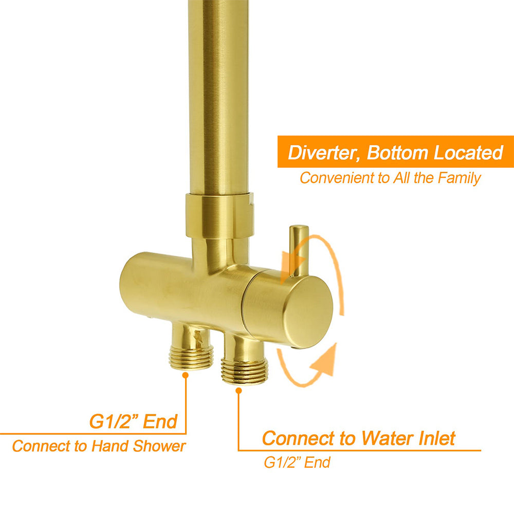Brushed Gold Dual Round Shower 12" Top Head Simple Stick Handheld Sliding Rail Arm Mixer Valve