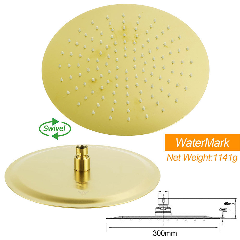 Brushed Gold 12" Large Shower Head One Spray Mode Handheld Rose Sliding Rail Arm Round Mixer Set