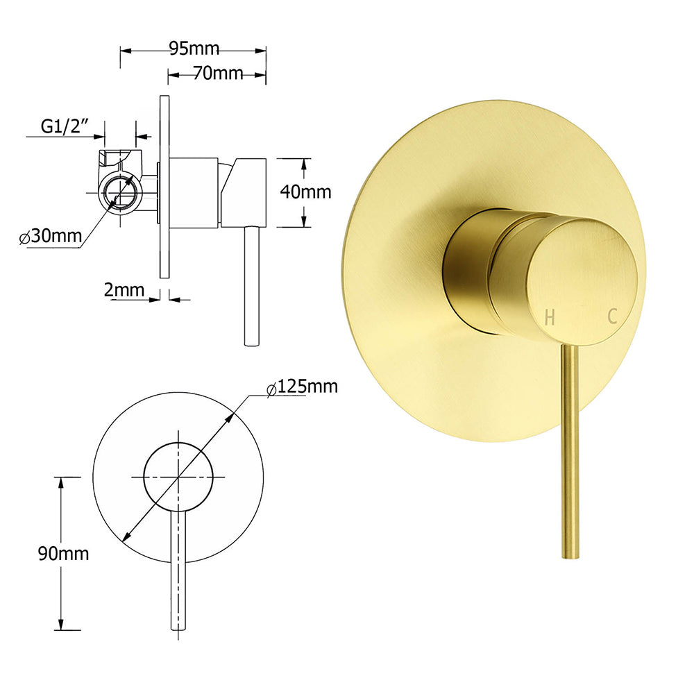 WELS Brushed Gold 2in1 Large Round Shower 12" Rain Head Stainless Steel Handheld Sliding Rail Mixer Set