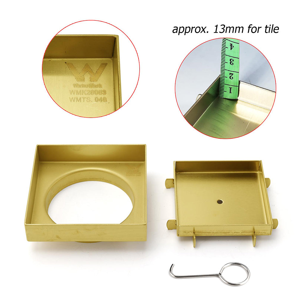 Brushed Gold 100x100mm Tile Insert Floor Drain Square Shower Grate 80mm Waste