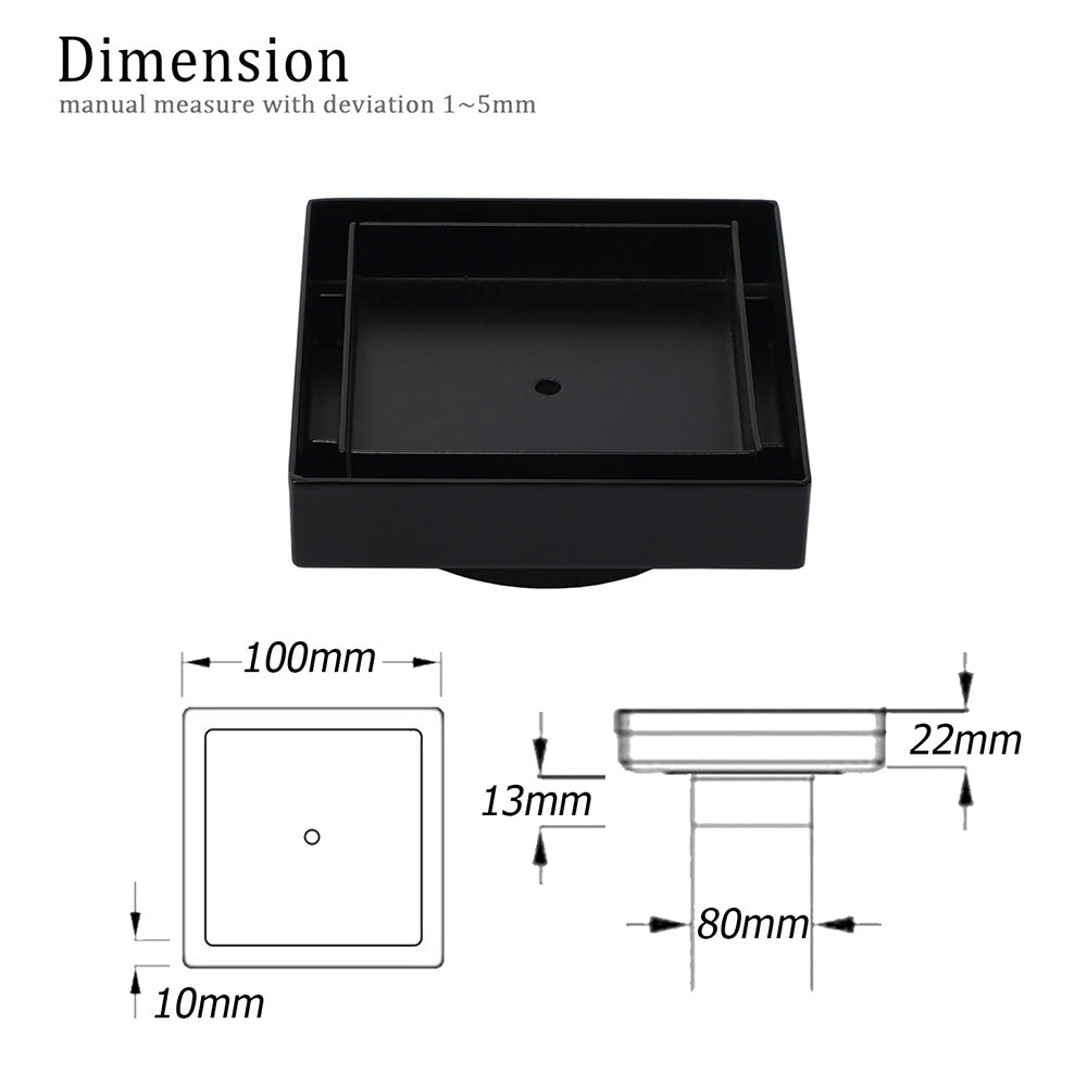 Matt Black Square 100x100mm Tile Insert Floor Drain Shower Grate 80mm Outlet Waste