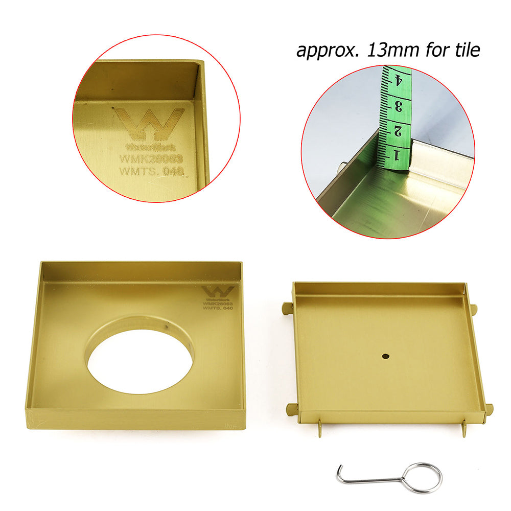 Brushed Gold 150x150mm Tile Insert Floor Drain Shower Grate 80mm Waste Watermark