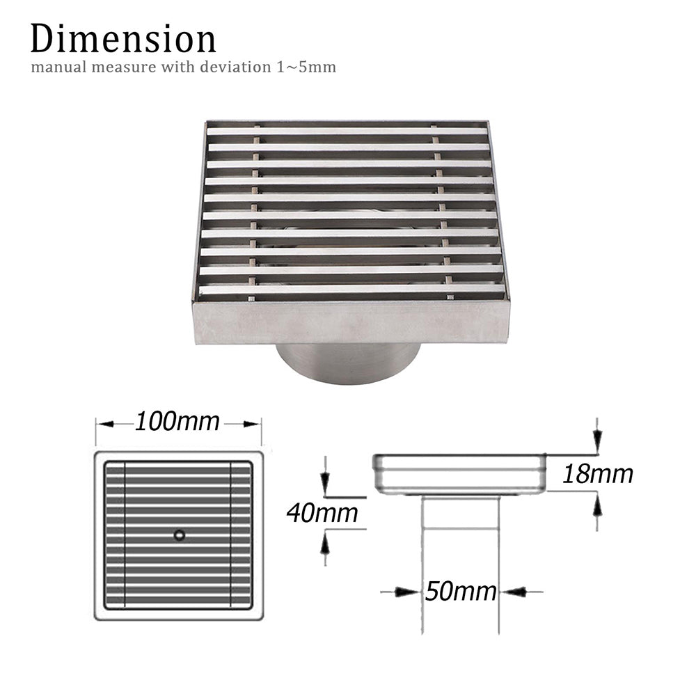 Bathroom SUS 100mm Square Strip Fence Sword Shower Grate Floor Drain 50mm Outlet