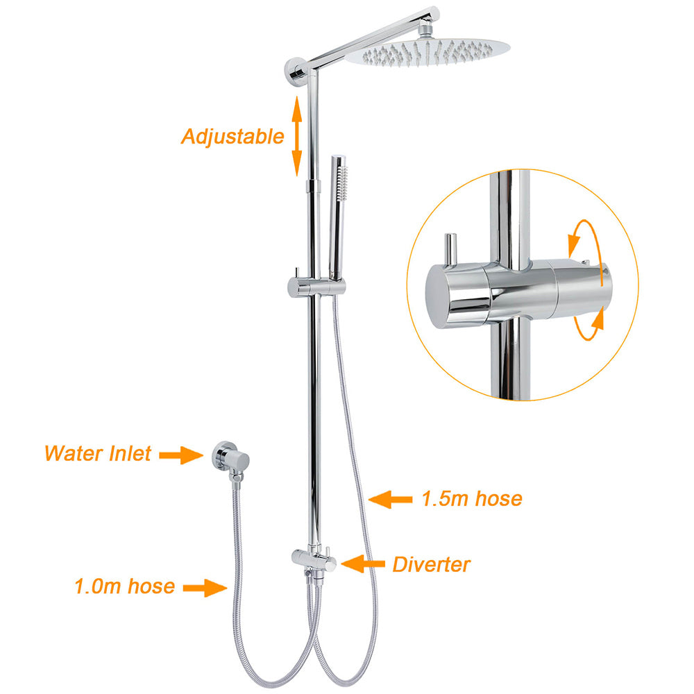 WELS Chrome 10" Round Rain Handheld Twin Shower Head Arm Sliding Rail Arm Double Taps Control