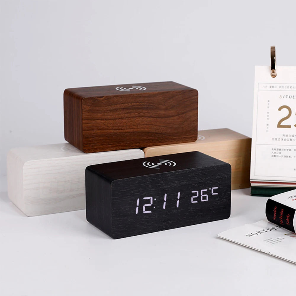 Modern Wooden LED Desk Clock with Qi Charger