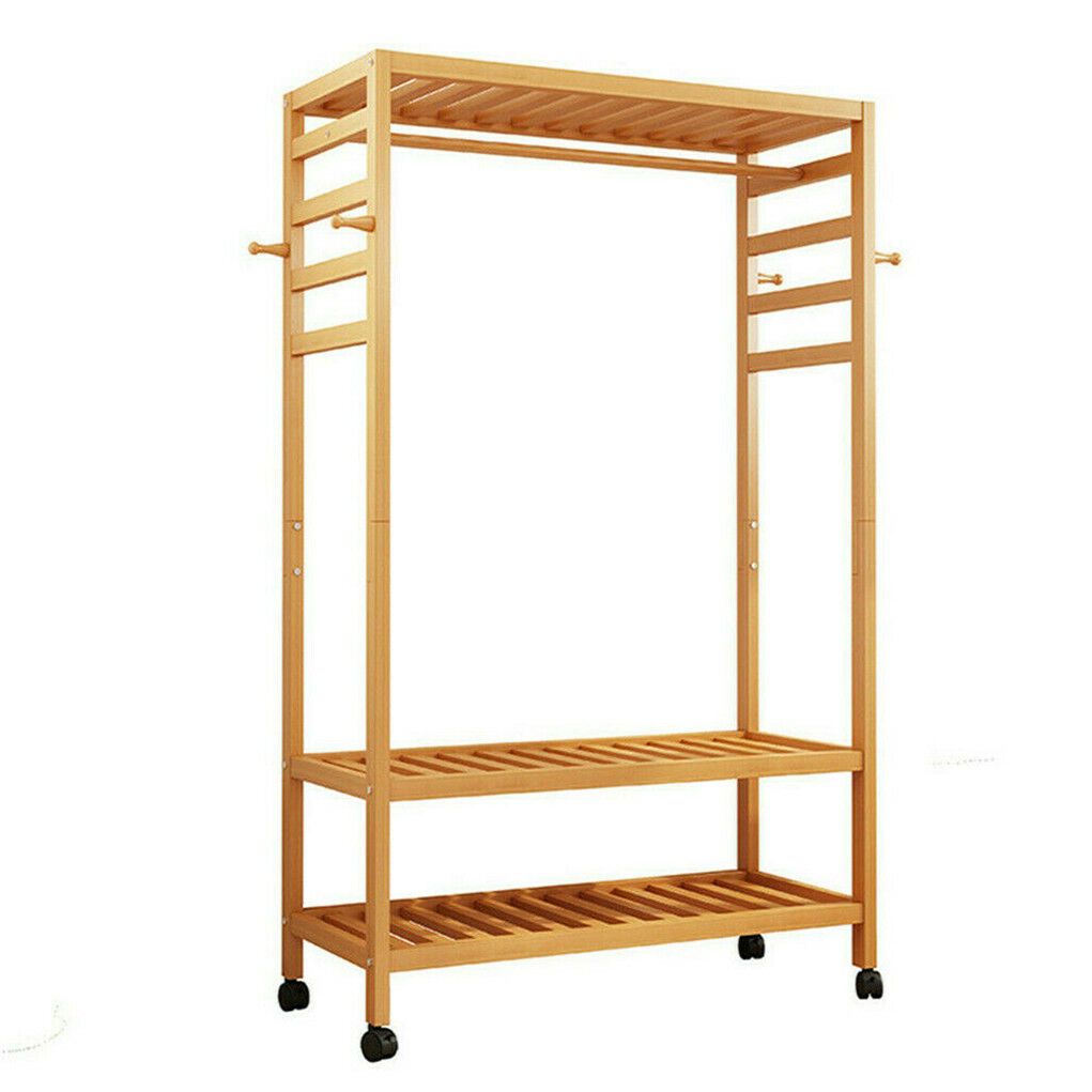 3-Tier Wooden Clothes Rack Rolling Garment Stand w/ Hooks