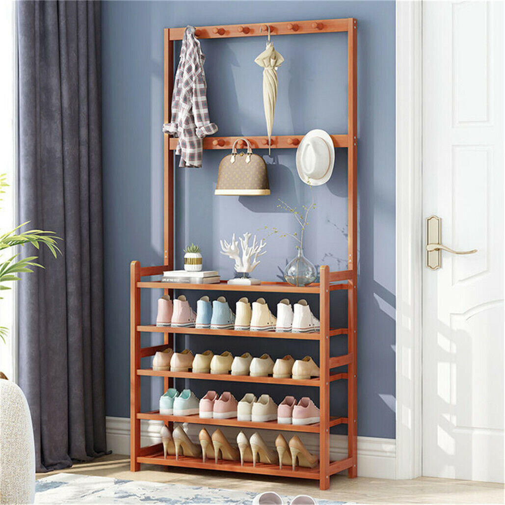 Bamboo 5-Tier Hat Coat Shoe Rack Entryway Bench Hanger Storage