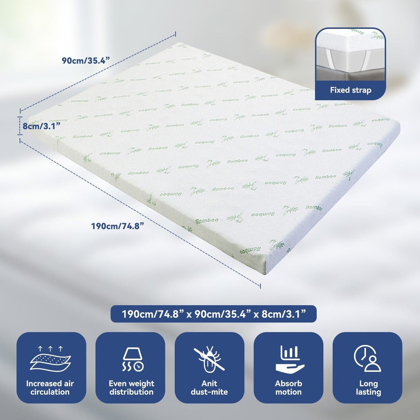 Single Memory Foam Mattress Topper 7-Zone Bamboo Cover Breathable