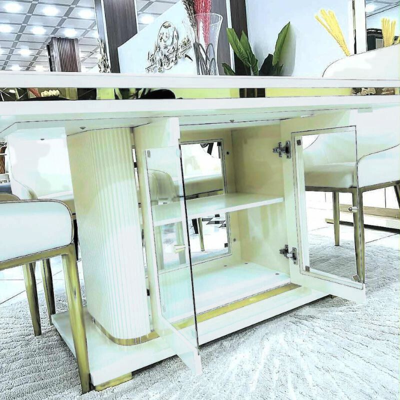 Asta Luxury Tempered Glass Top High Gloss Dining Table with Storage Cabinet