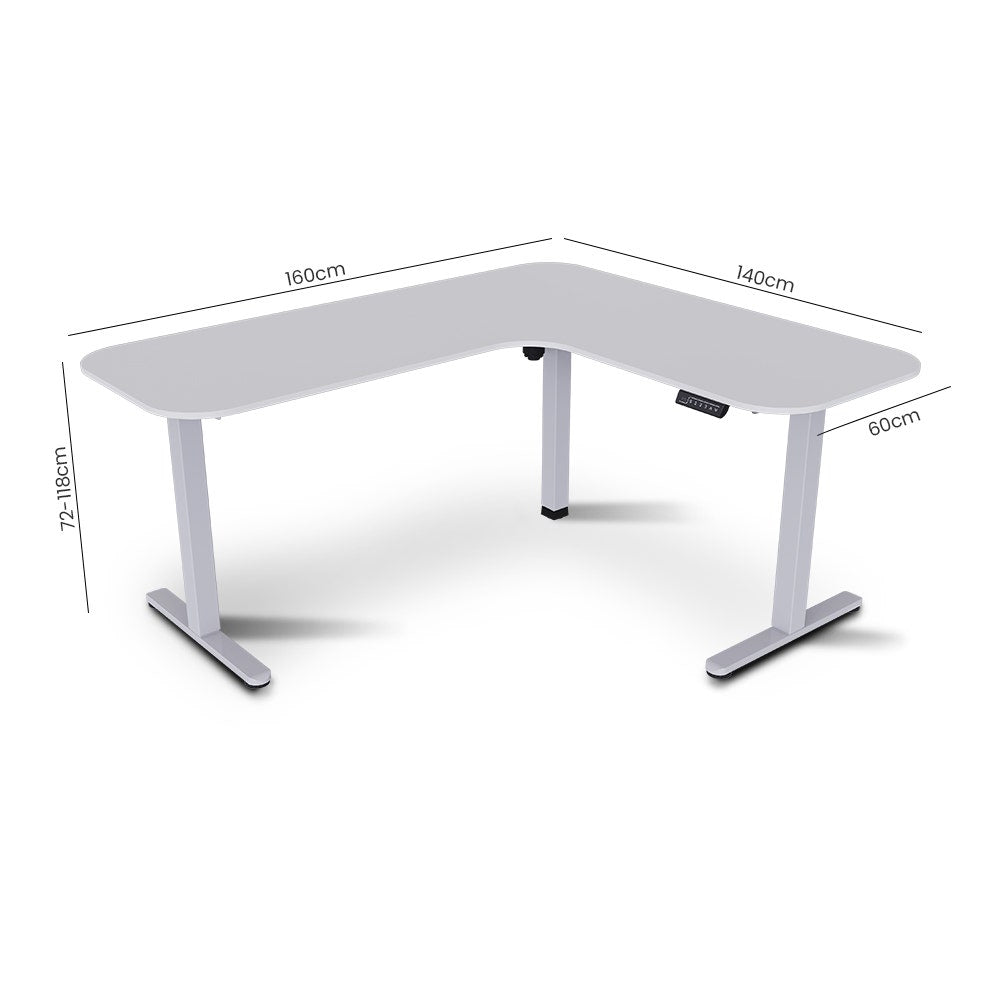 FORTIA Corner Standing Desk, 160x140cm, 72-118cm Sit to Stand Up Electric Height Adjustable, White Desktop/Silver Frame