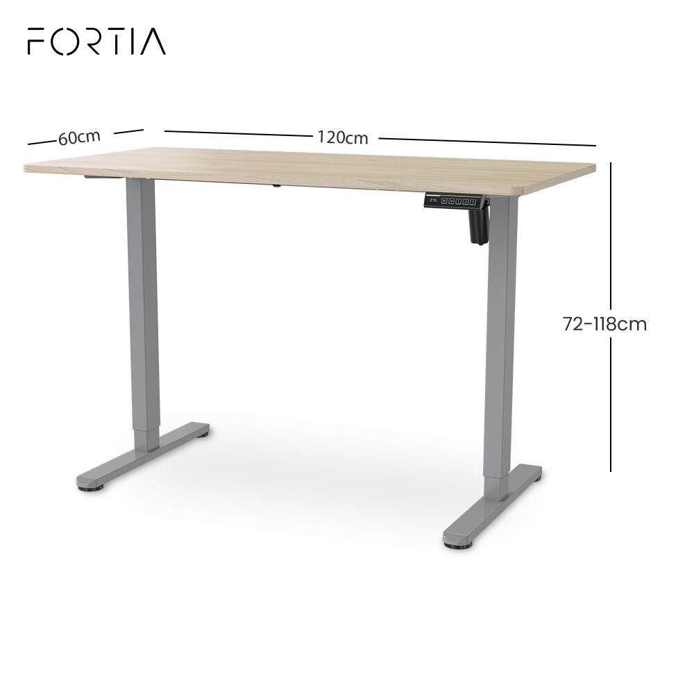 FORTIA Sit To Stand Standing Desk, 120x60cm, 72-118cm Electric Height Adjustable, Light Oak Style Desktop Silver Frame