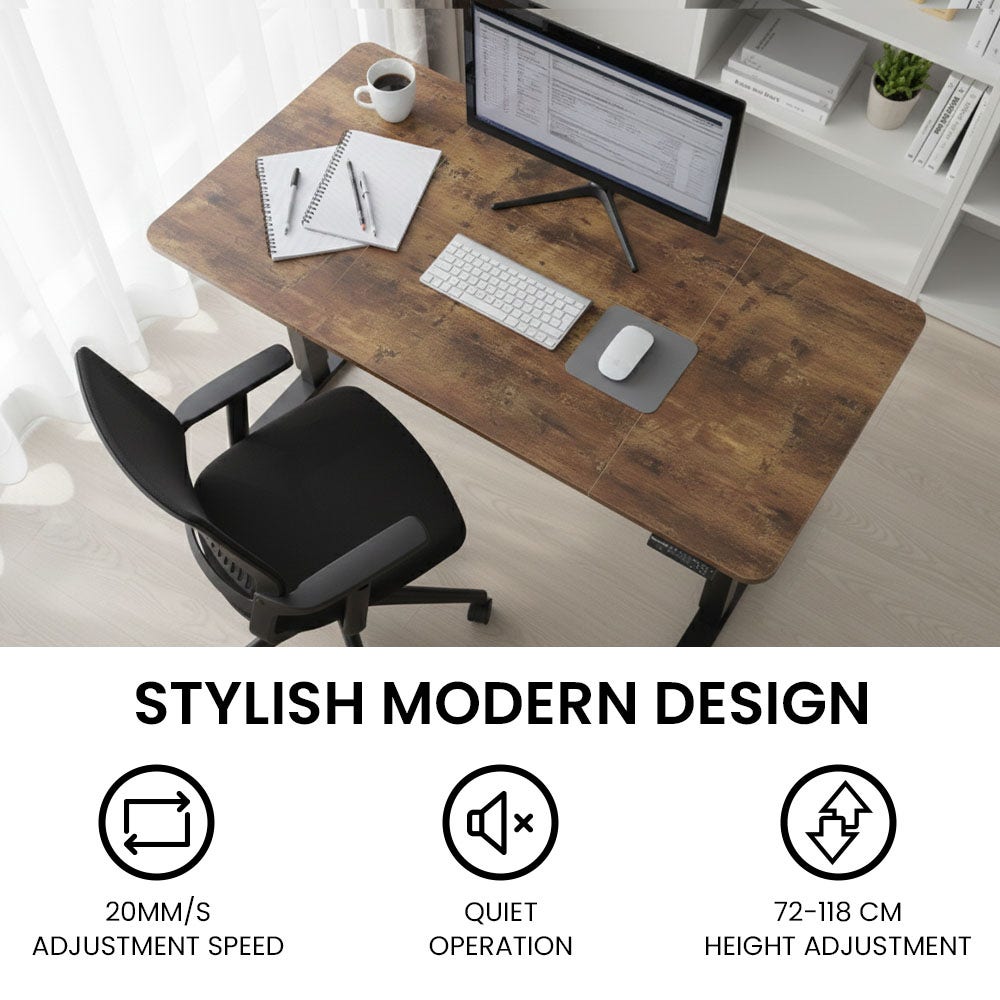 FORTIA Sit to Stand Standing Desk, 160x60cm, 72-118cm Electric Height Adjustable, Walnut Style Desktop/Black Frame