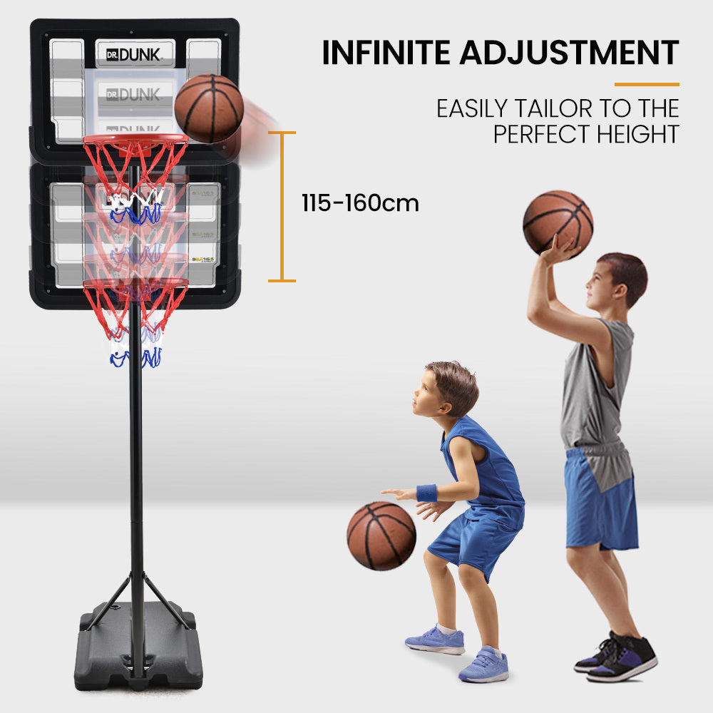 DR. DUNK Portable Kids Basketball Hoop Stand System, 1.15m to 1.60m Height Adjustable