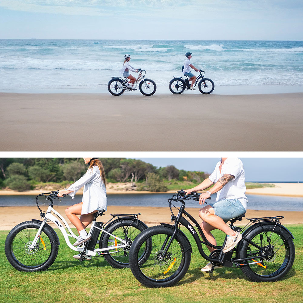 VALK Electric Fat Tyre Cruiser Bike, Step-Through eBike with Throttle, Tektro Hydraulic Brakes, White