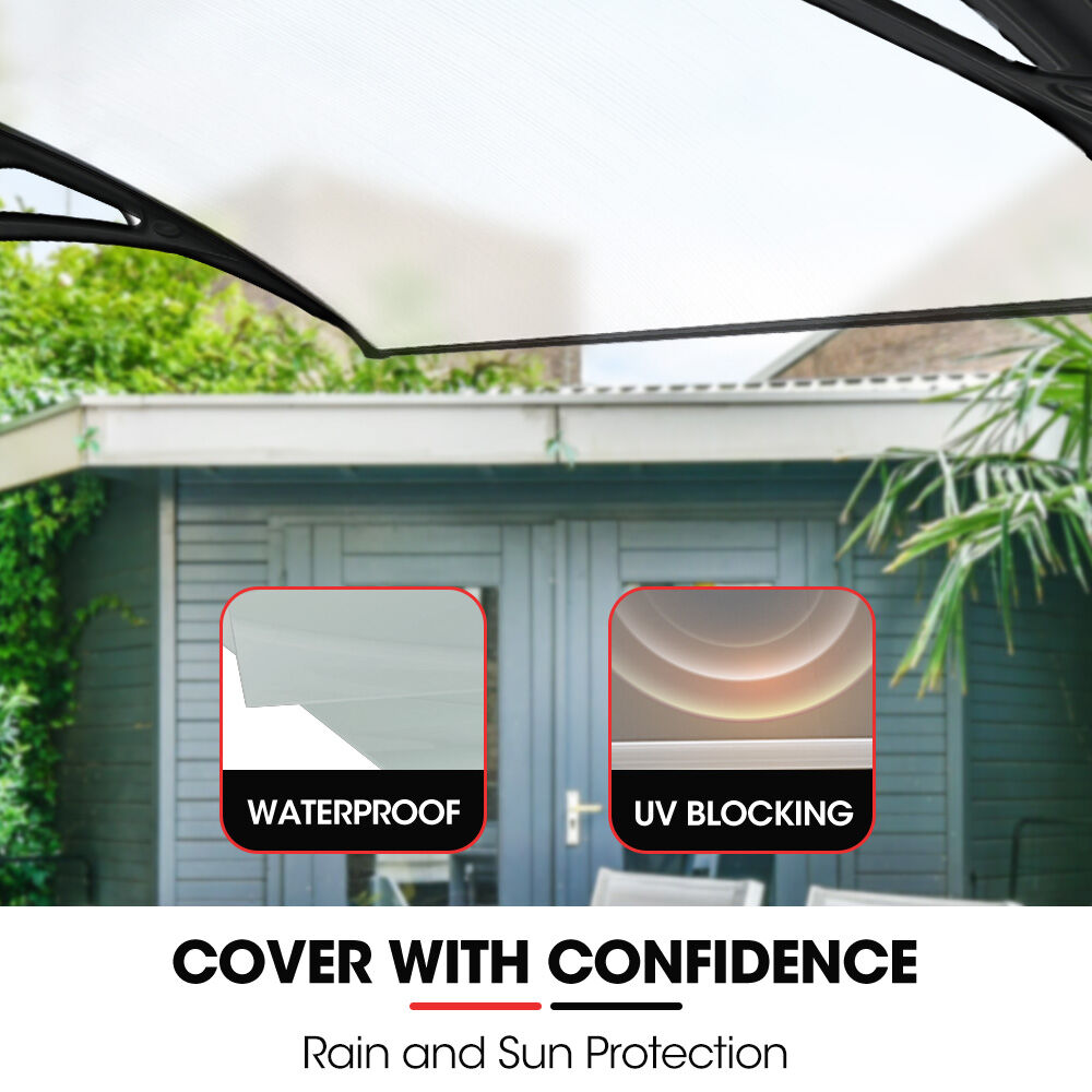 SHADE SHIELD 2x1m Aluminium Exterior Awning, Black DIY External UV Rain Protection Clear Polycarbonate Canopy Cover