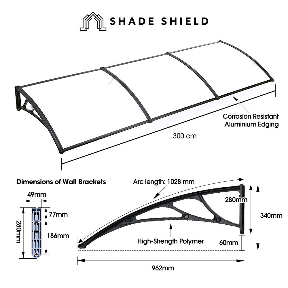SHADE SHIELD 3x1m Aluminium Exterior Awning, Black DIY External UV Rain Protection Clear Polycarbonate Canopy Cover