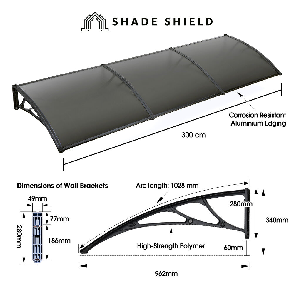 SHADE SHIELD 3x1m Aluminium Exterior Awning, Black DIY External UV Rain Protection Grey Tinted Polycarbonate Canopy Cover
