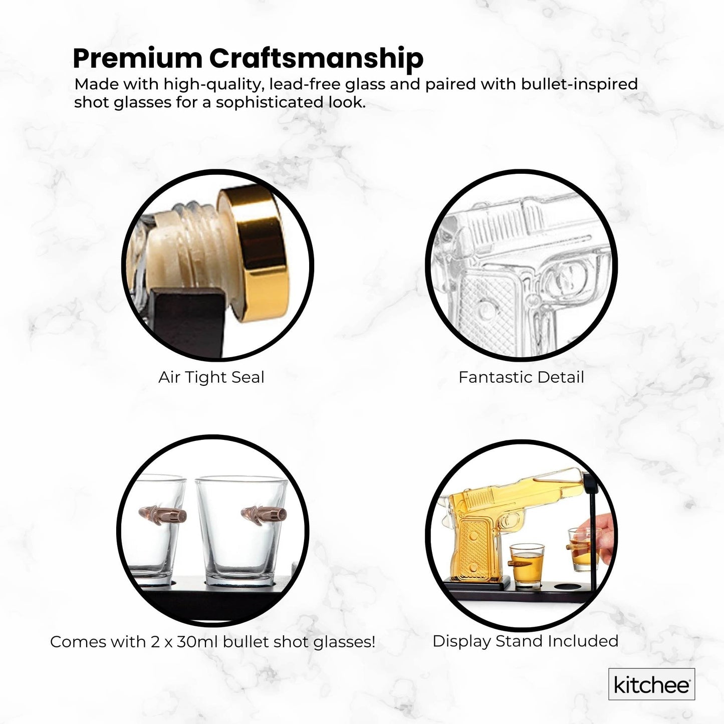 225mL Whisky or Wine Decanter Glass Pistol Set - 2 Shot Glasses + Wooden Stand