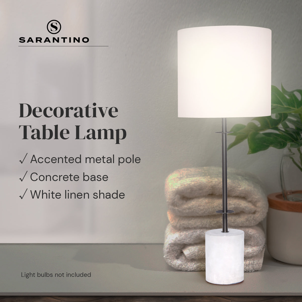 Sarantino Concrete & Metal Table Lamp with Ghost-White Linen Drum Shade