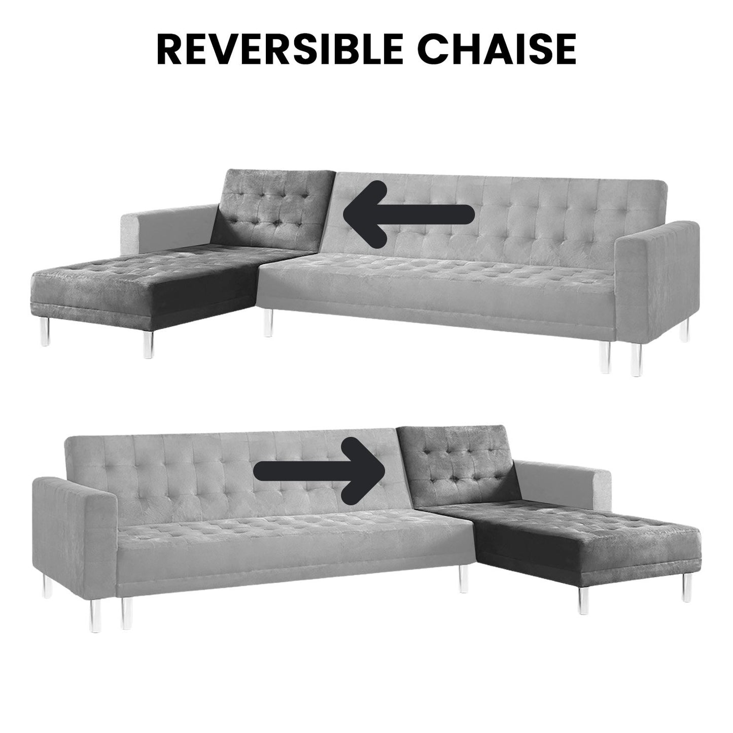 Sarantino Faux Velvet Corner Wooden Sofa Bed Couch with Chaise - Grey