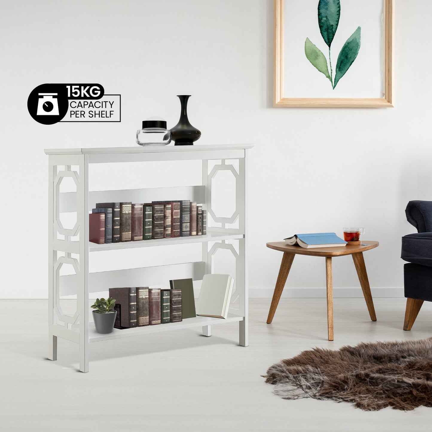 Sarantino Laurel 3-Tier Bookshelf Display Rack in White