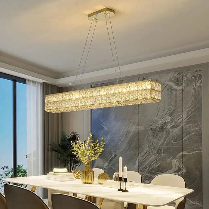 BAMDECOR C3332/L Linear Luxury Crystal Chandelier Modern LED Crystal Chandelier LED Ring Pendant Light Stainless Steel Ceiling Lamp Hanging Lights,for Dining Living Room (Gold)