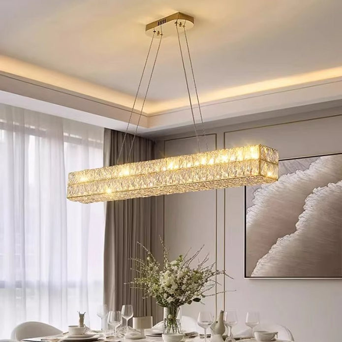 BAMDECOR C3332/L Linear Luxury Crystal Chandelier Modern LED Crystal Chandelier LED Ring Pendant Light Stainless Steel Ceiling Lamp Hanging Lights,for Dining Living Room (Gold)