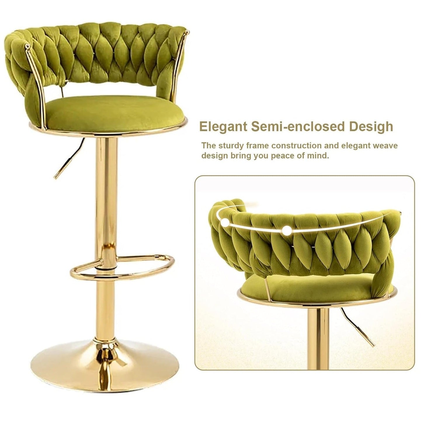 SERENITà 2x Height Adjustable Swivel Bar Stool Velvet Golden Base Barstools Chairs Padded Seat Olive Green